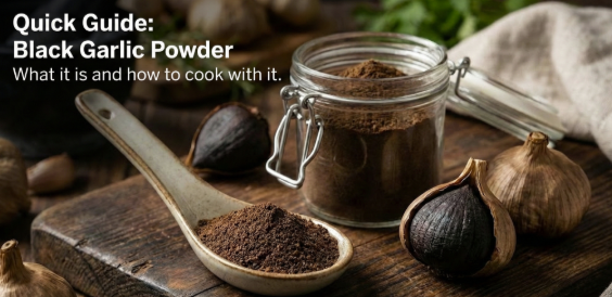 Black garlic powder in a jar and spoon with whole fermented garlic cloves on a wooden board.