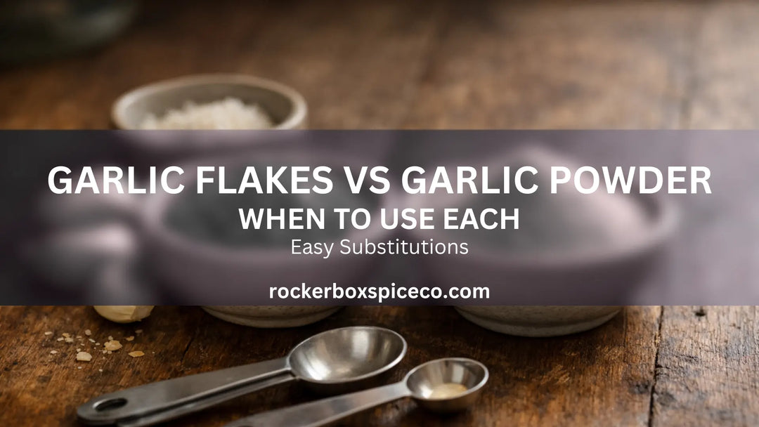 Two bowls on a rustic table: garlic flakes beside garlic powder with measuring spoons and cloves.