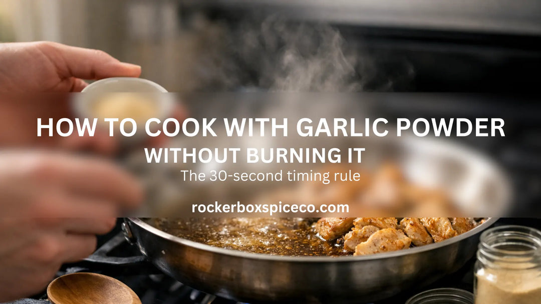 Cooking with garlic powder: holding seasoning until chicken browns in a skillet.